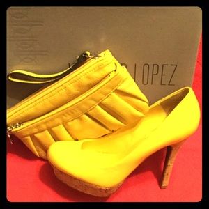 JLo Yellow cork platform pumps