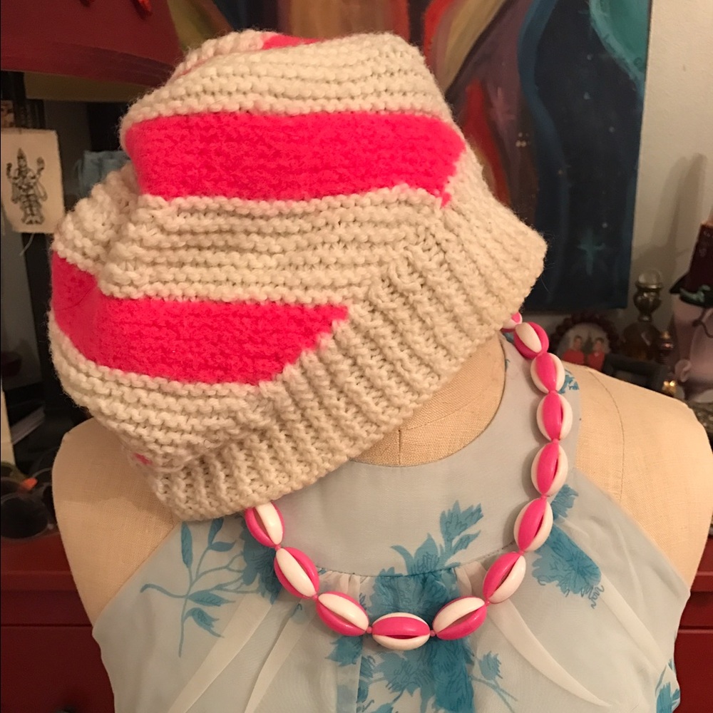 Bundled pink, cream beanie and necklace
