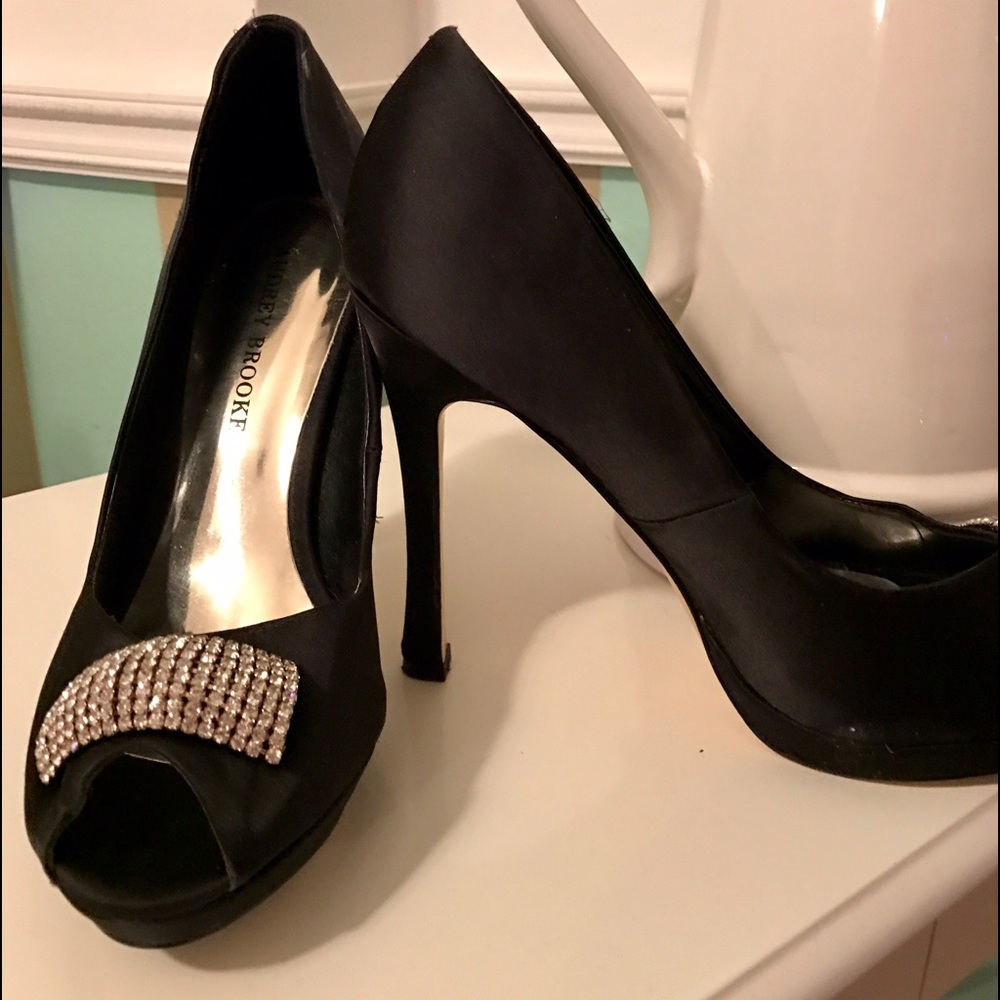 Black satin rhinestone heels