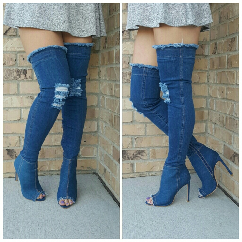 Stunning Denim Peep Toe Thigh High Boots