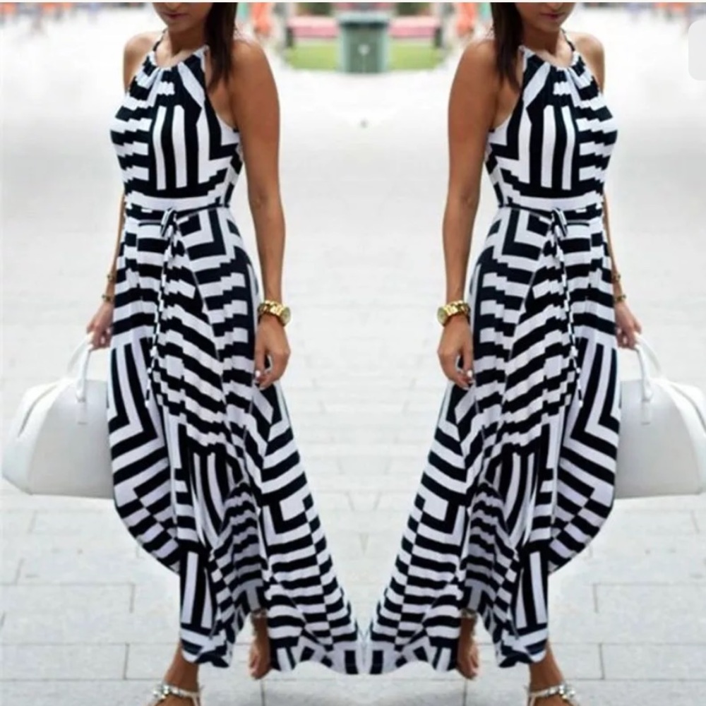 Black & White Striped Sleeveless Summer Dress - Picture 2 of 8