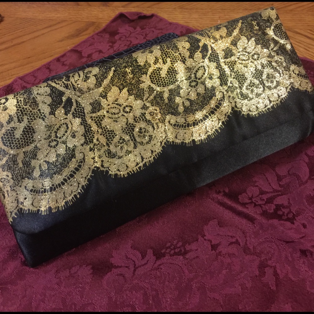 Gold Lace Black Clutch Evening Bag NWOT
