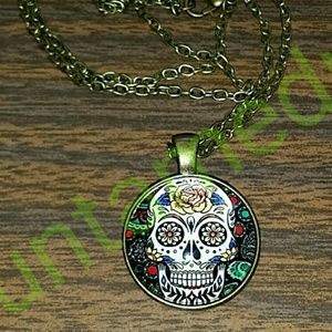 Sugar Skull punk necklace, bronze chain