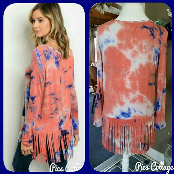 Coral & Cobalt Tie-Dye Fringed Top - Picture 2 of 5