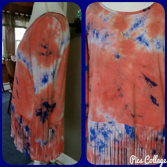 Coral & Cobalt Tie-Dye Fringed Top - Picture 3 of 5