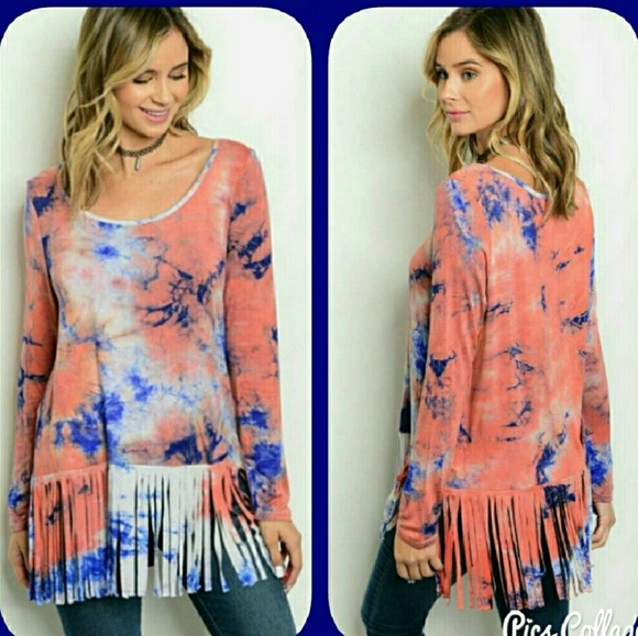 Coral & Cobalt Tie-Dye Fringed Top - Picture 4 of 5