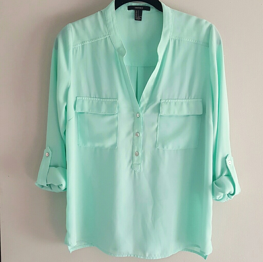 F21 Long Sleeve Blouse Turquoise Seafoam S