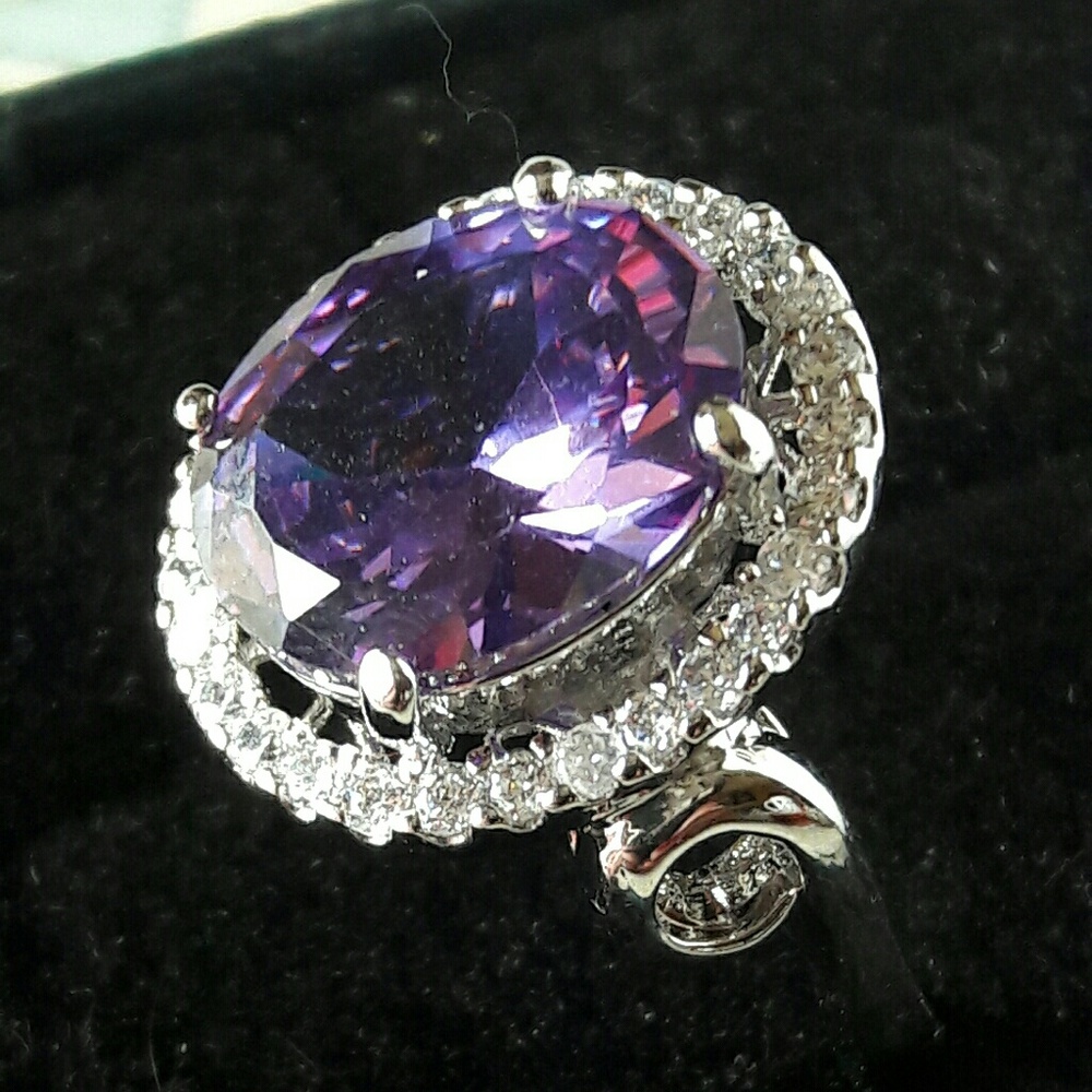 White Topaz Amethyst Oval Halo Ring