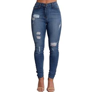 Distressed hip jeans