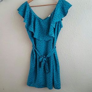 Teal ruffle tie waist dress
