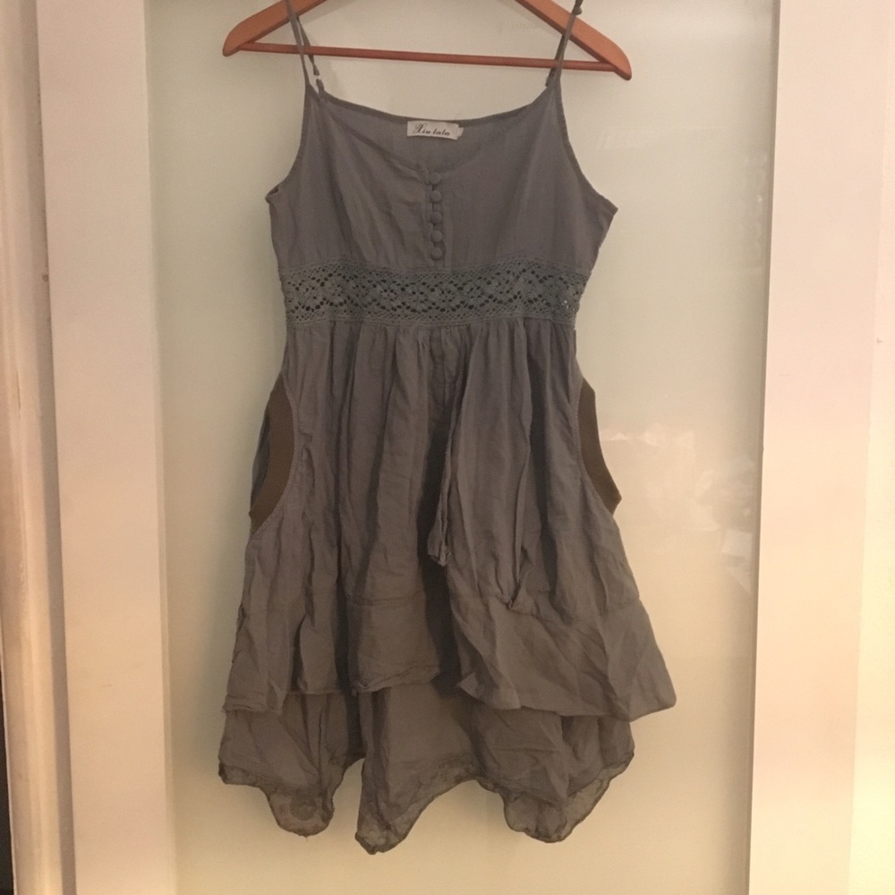 M Gray Boho Dress with Macrame Waist