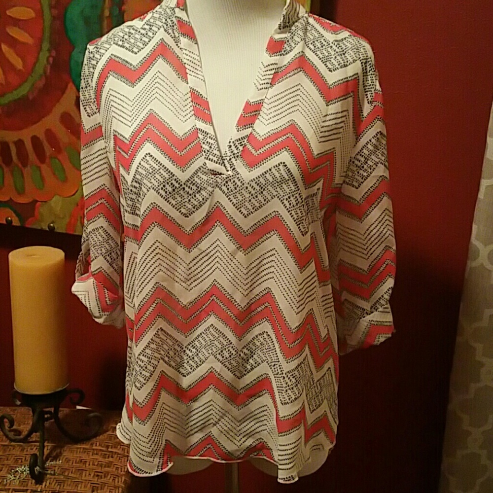 Chevron Print coral, navy and white high-lo blouse