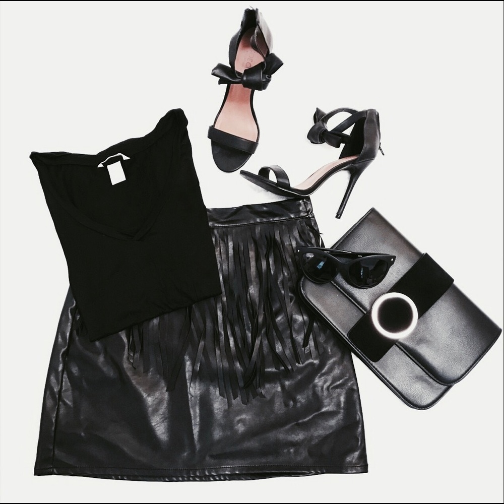 H&M Black Faux Leather Fringe Skirt