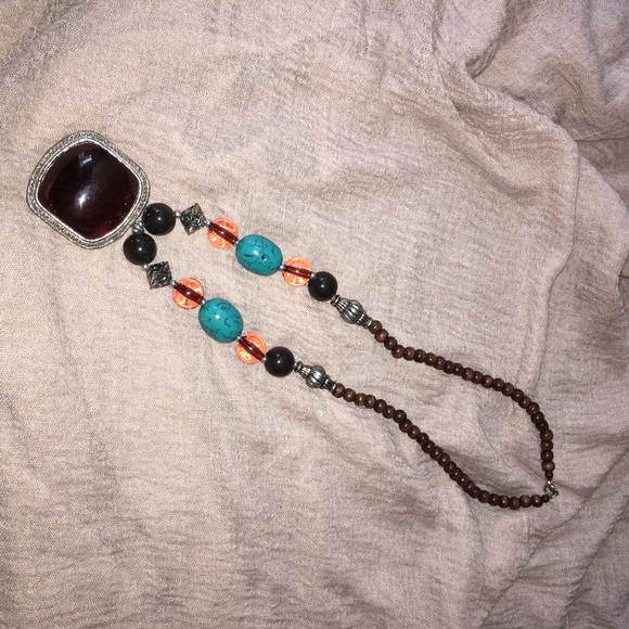 Custom made beaded necklace w brownstone medallion - Picture 1 of 2