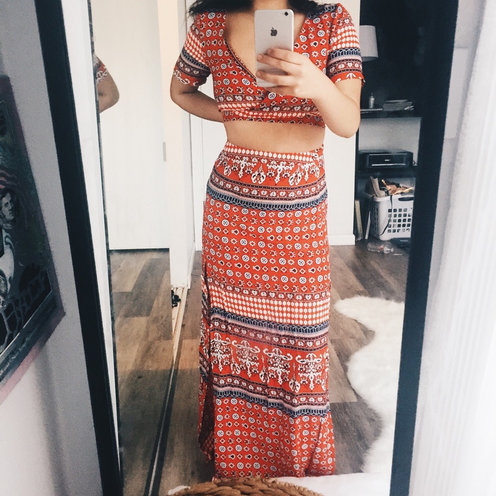 BooHoo maxi skirt + crop top set