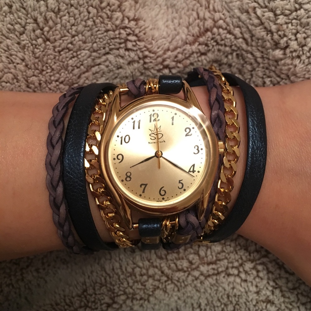 SARA DESIGNS Leather Chain Wrap Watch Bracelet