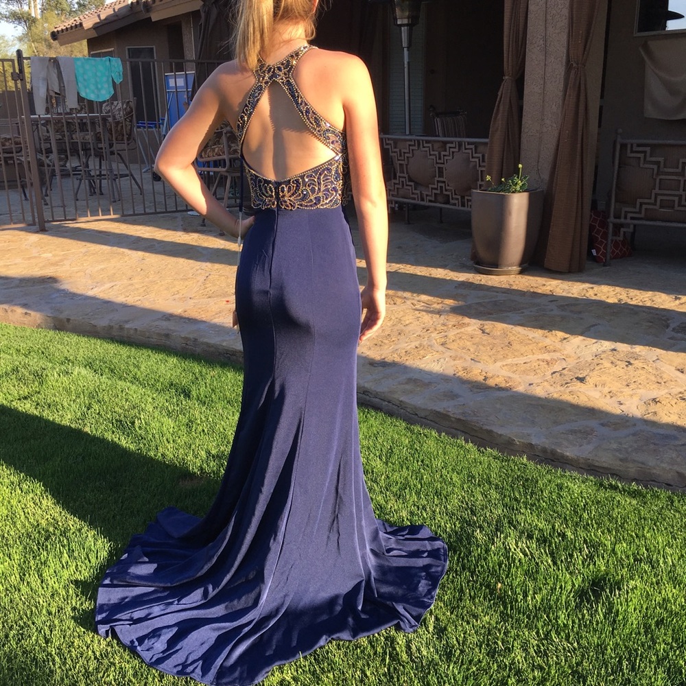 dancing queen-navy and gold prom dress