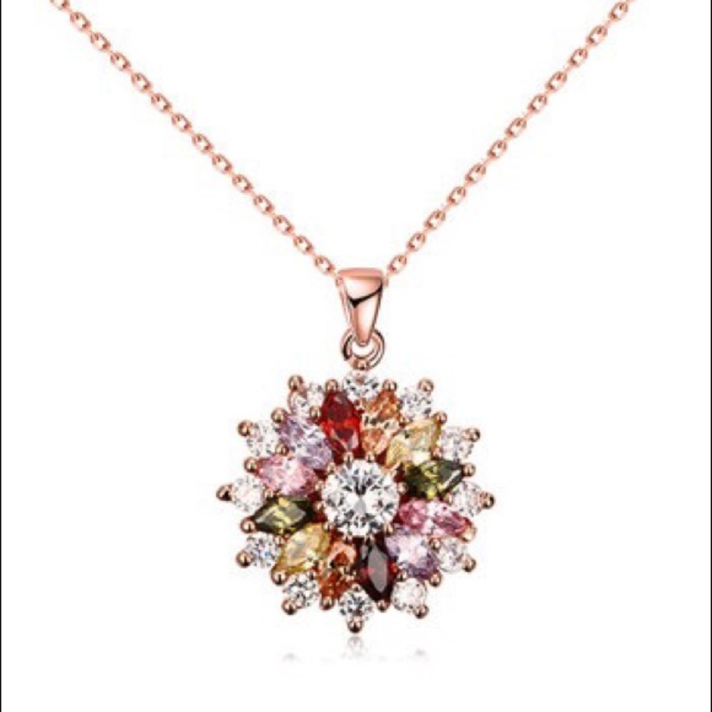 Rainbow rose gold floral pendant with Swarovski