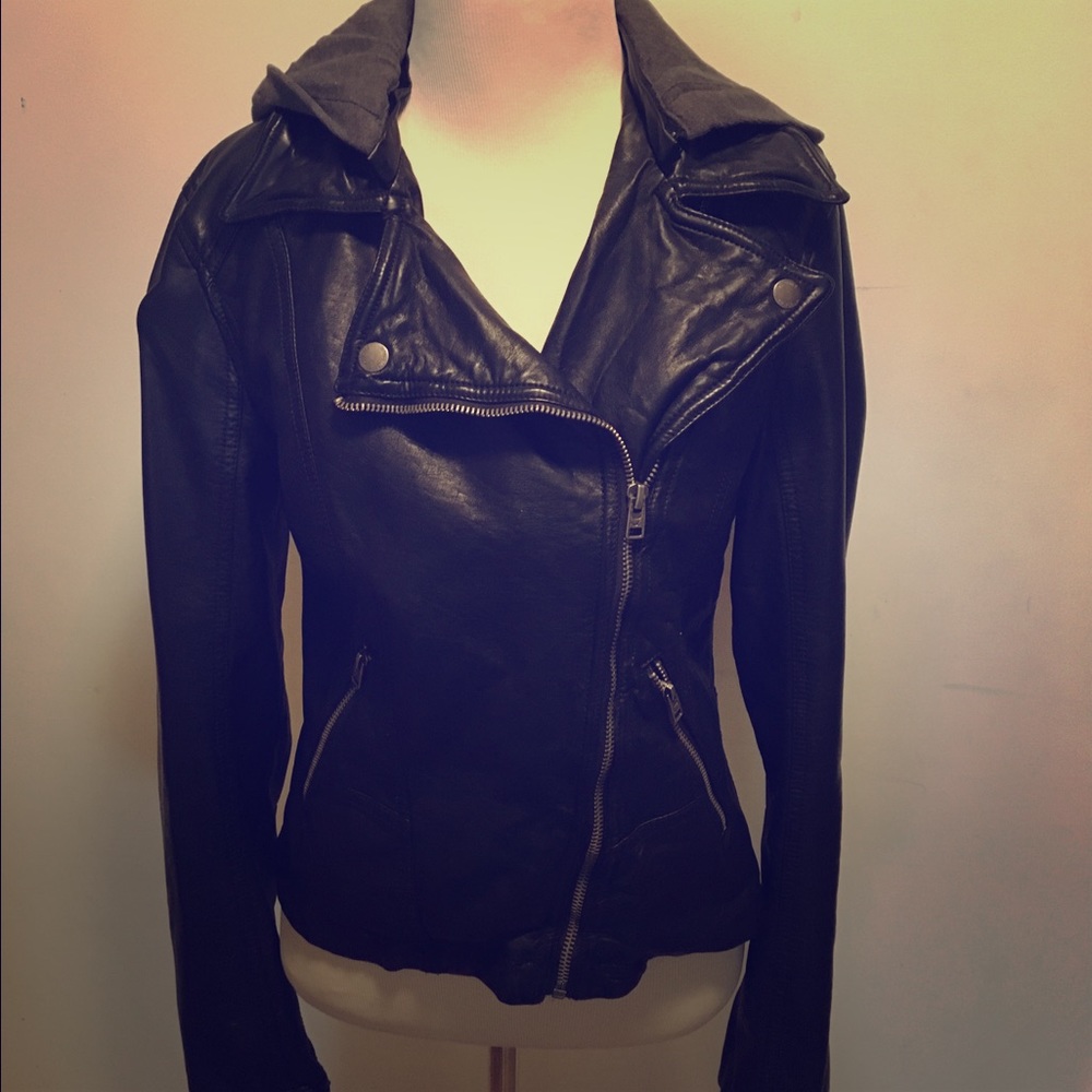Hollister Zip Up Faux Leather Jacket w/Gray Hood