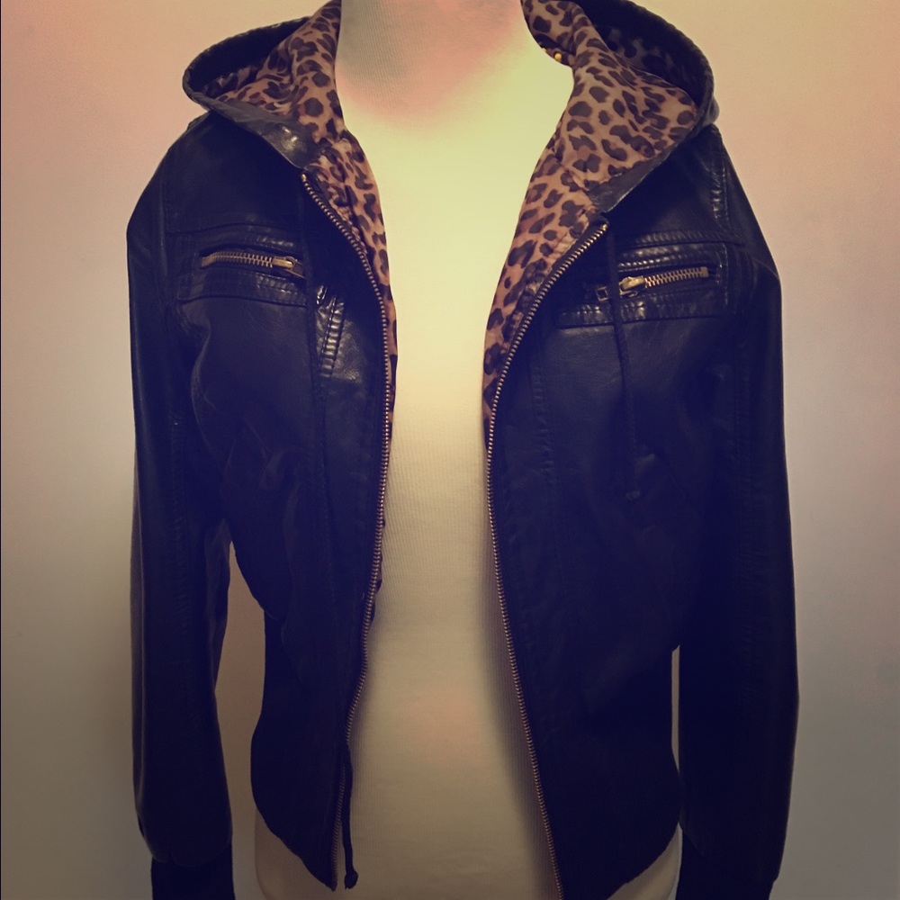 Faux Leather Hooded Zip Up Jacket