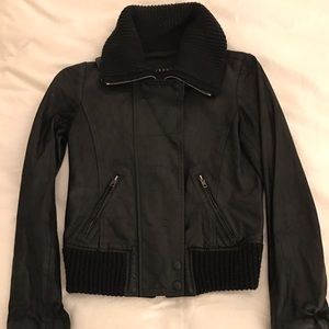 Theory Black Leather Bomber Jacket