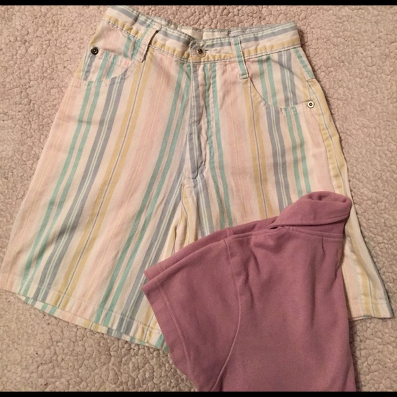 She Said Pants - Shorts, pastel striped, zipper w/ button, pockets