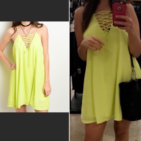 🆕 Neon Yellow Laced Up Caged Dress - Picture 3 of 5
