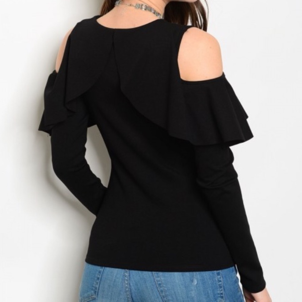 CLEARANCE Lattice Cold Shoulder Black Ruffle Top - Picture 2 of 2