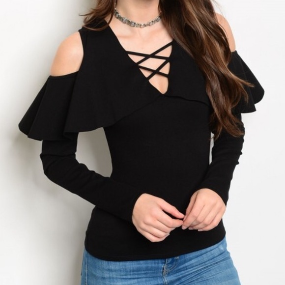Tops - CLEARANCE Lattice Cold Shoulder Black Ruffle Top