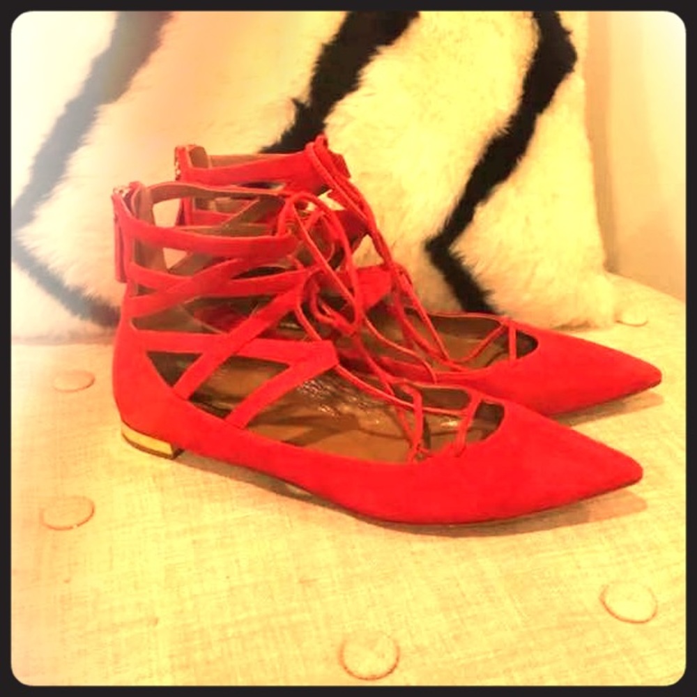 Aquazzura Red Suede Belgravia Tie Flats sample
