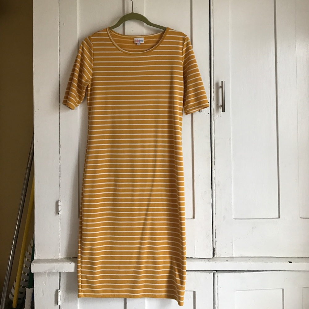LulaRoe Julia dress in mustard yellow with stripes