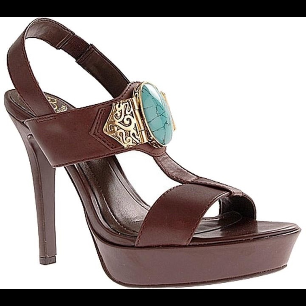 BCBG: Brown Sandal Heels w/Turquoise Emblem 8.5
