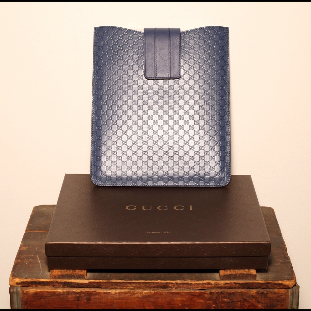 Authentic Navy GUCCI Monogram Leather iPad Case