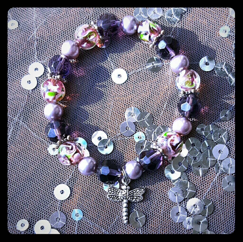 Purple Beaded Dragonfly Bracelet