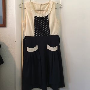 Navy/cream Modcloth apron-front dress by Comme Toi