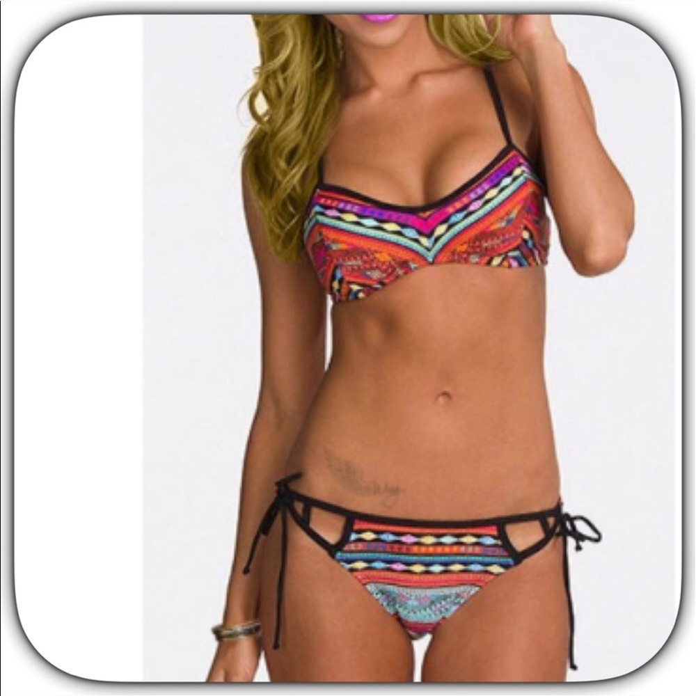 🌹NWT Colorful Bohemian Print Orange/Black Bikini - Picture 5 of 5