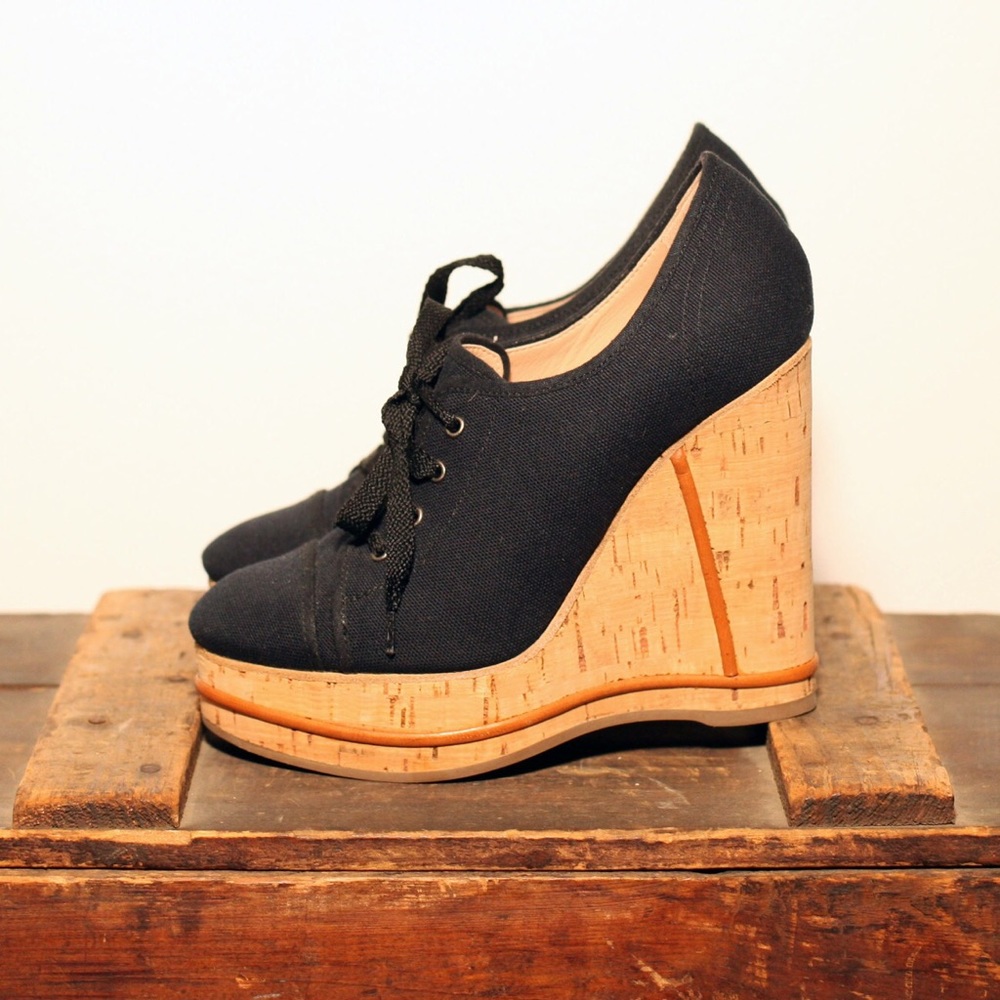 Impeccable Chloé Canvas Lace Up Cork Wedges, EUC