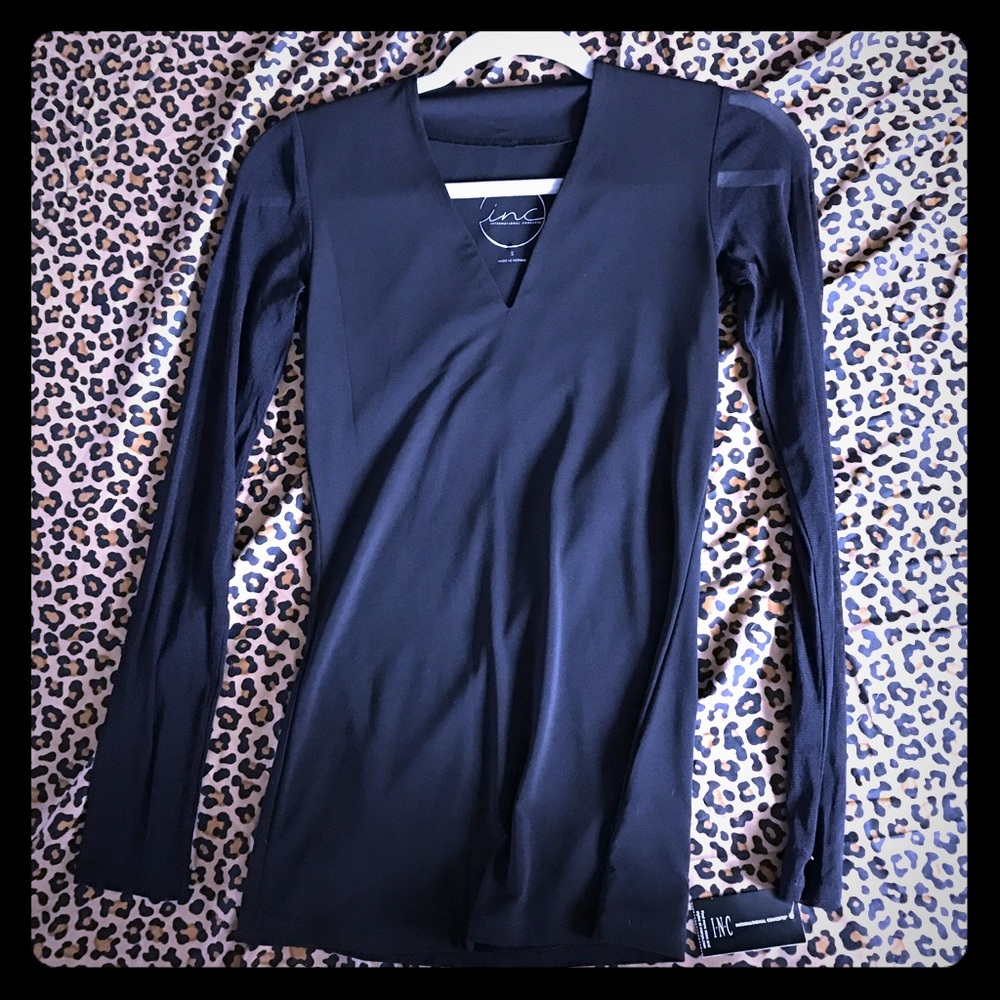 Black V neck top with sheer sleeves