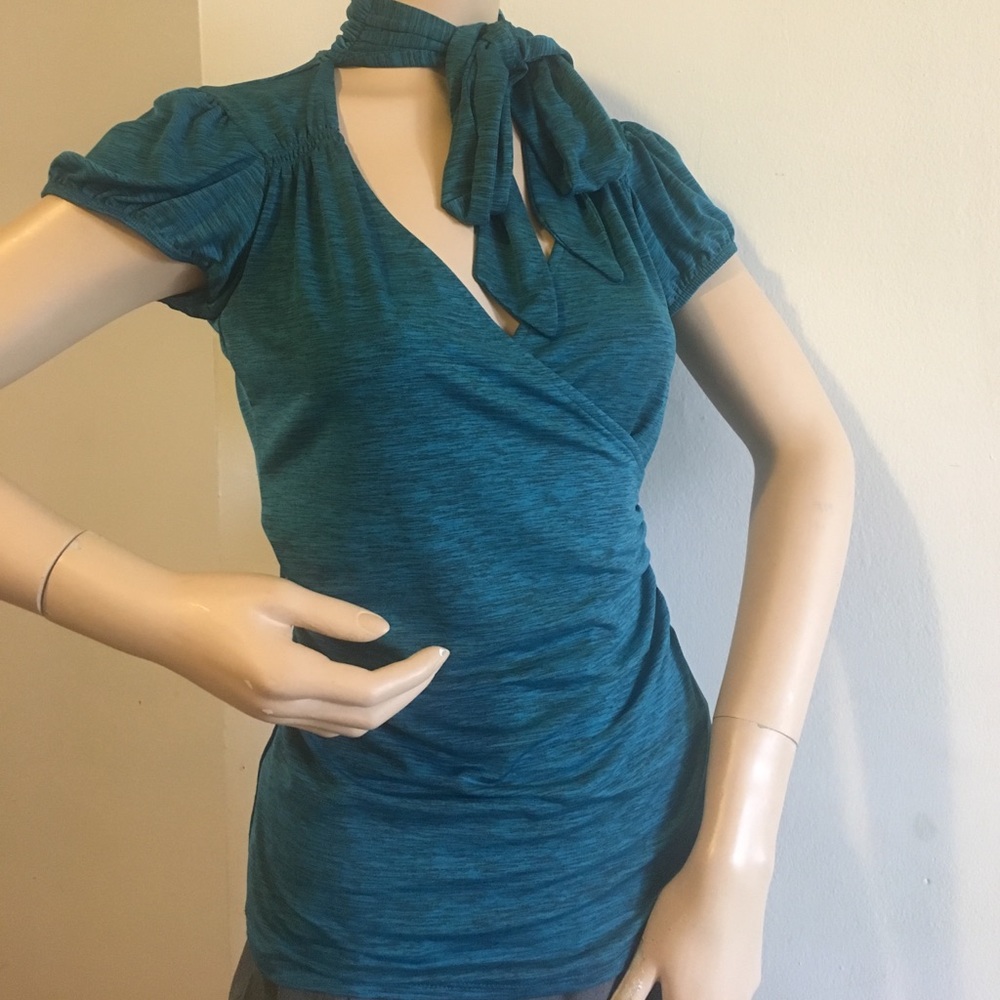 Teal tie neck blouse