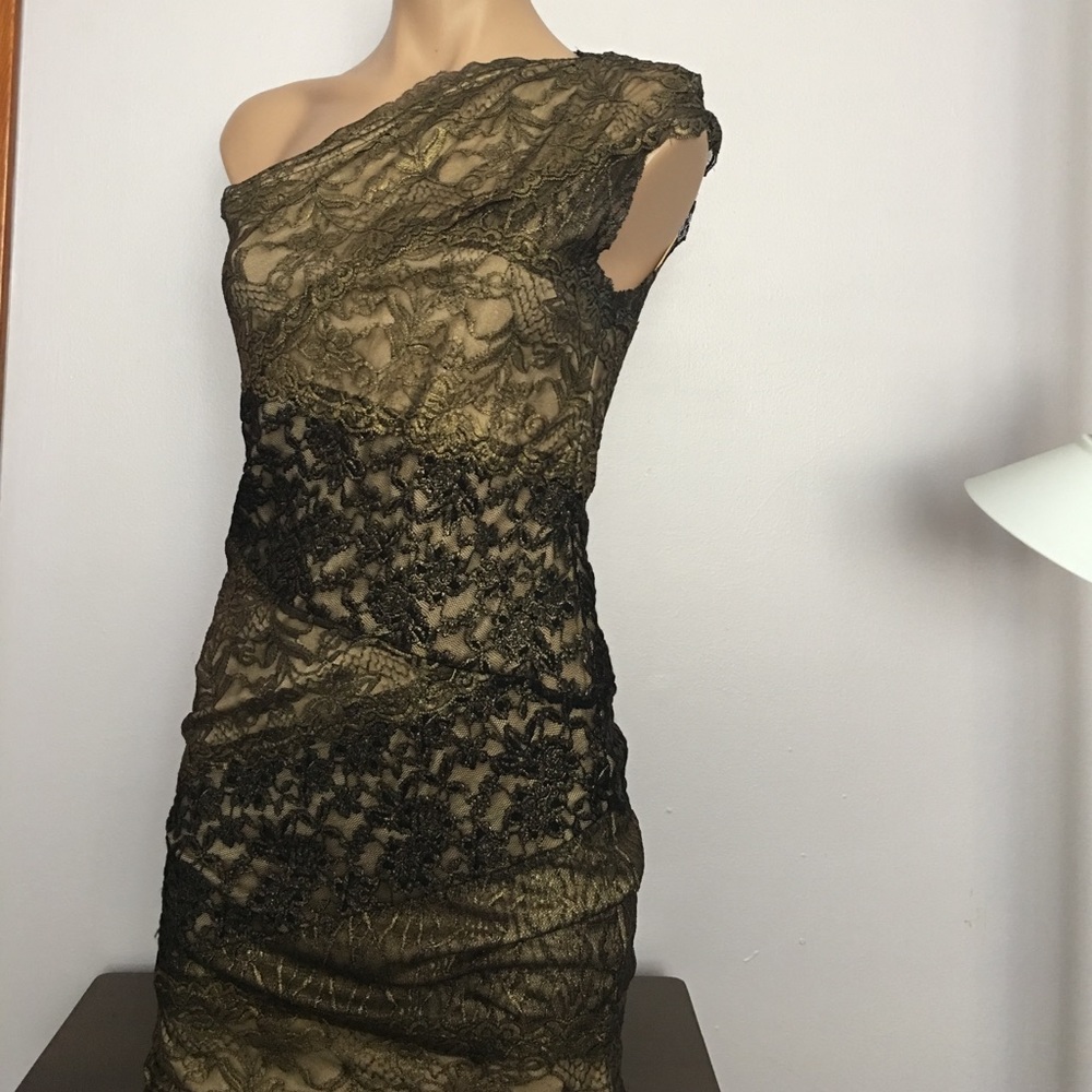 Gold and black lace one shoulder dress