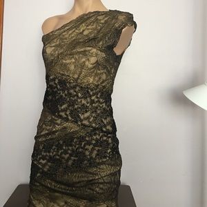Gold and black lace one shoulder dress