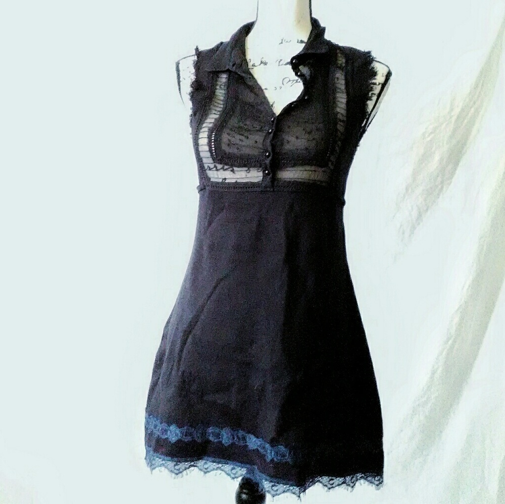 Free People Black Sheer & Navy Lace Tie Dress M