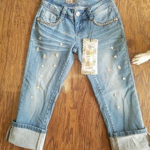 LA Idol Women's Capris Denim Jeans Rhinestone Stud