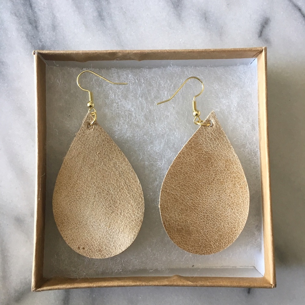 Genuine Leather Bone Color Oval Earrings