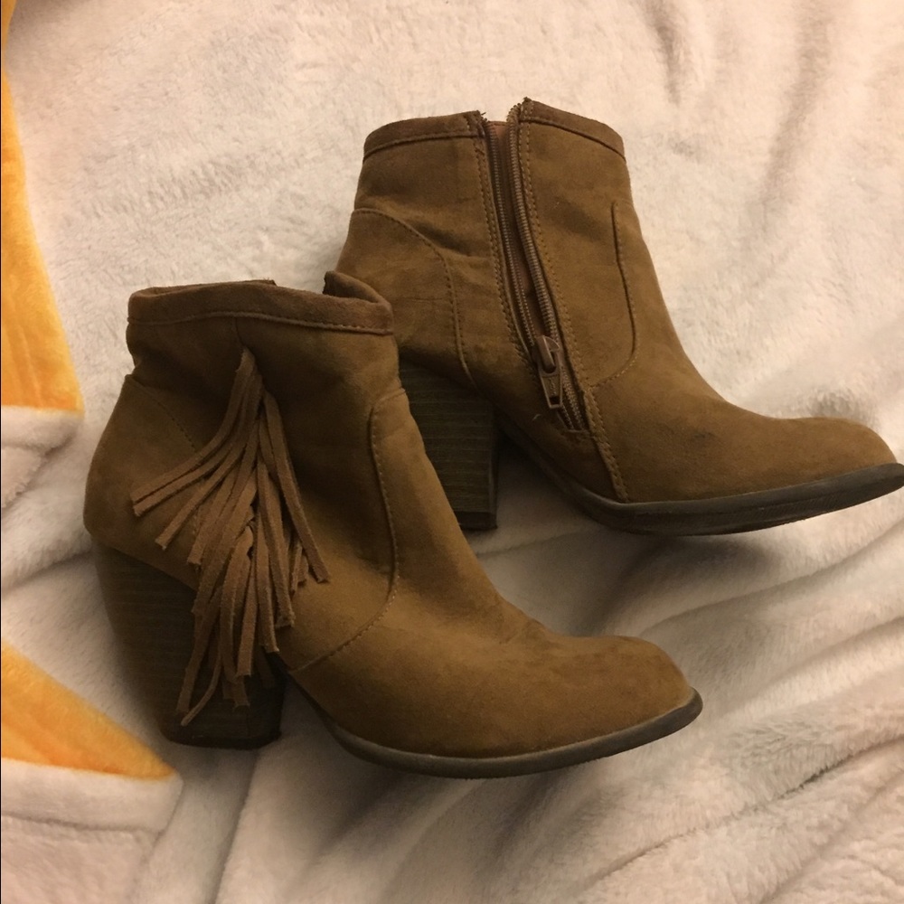 Tan fringe booties