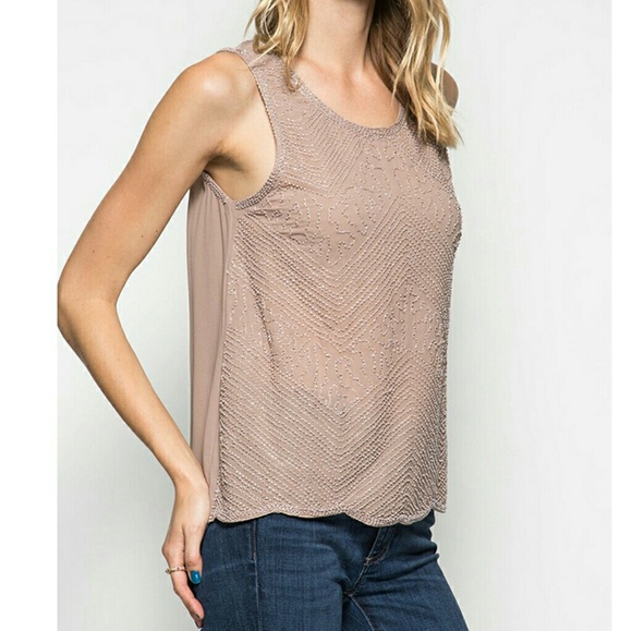 Silk chiffon beaded Blouse beige new S M L - Picture 4 of 8