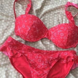 Red frilly bikini.