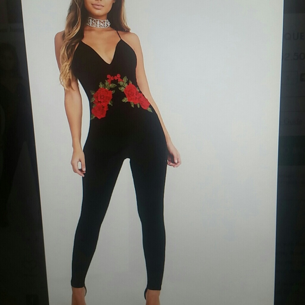 Black applique flower jumpsuit. - Picture 4 of 4