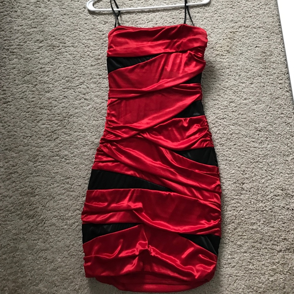 Red and black strapless cocktail dress