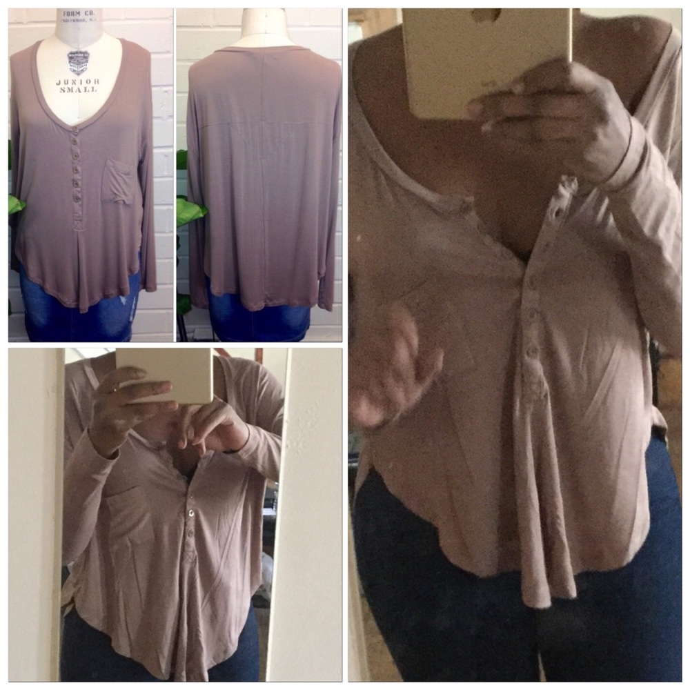🆕Brown Scoop Neck Henley Long Sleeve Rounded Hem Oversized Slouchy Fit Pocket T